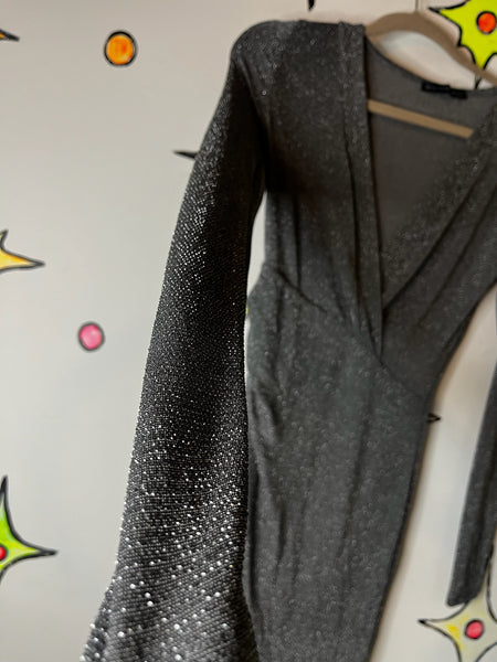 90s Fairy Grunge Silver Holiday Party Dress - Slinky Stretchy Glitter Mini - S