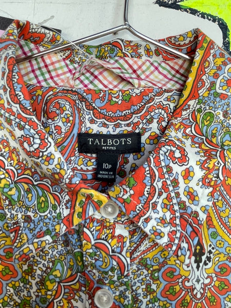 Talbots Paisley Button Up Shirt Rainbow Western Retro Layer Top Boho Vintage M