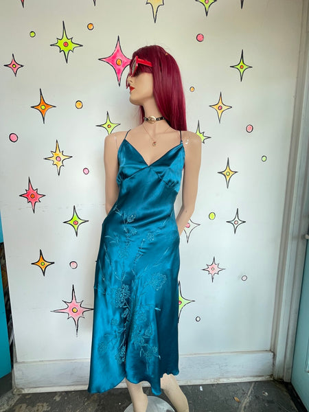 90s Peacock Blue Beaded Slip Dress Mermaidcore Silk-Feel Midi Y2K Grunge Fairy M