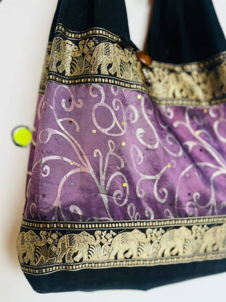 Vintage Beaded Black Gold & Purple Boho Fairy Grunge Tote Bag - Elephant Print