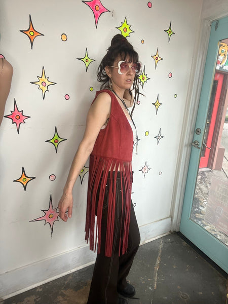 Red Vegan Suede Fringe Vest Western Glam Boho Grunge Festival Vest Cowgirl M