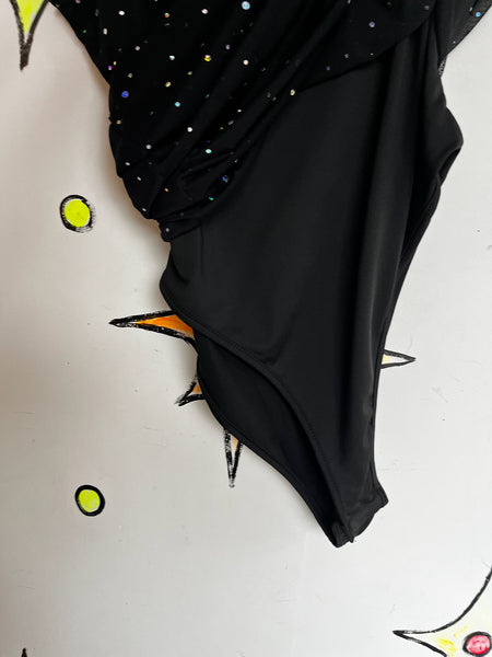 Vintage Y2K Dance Costume ' Black & Silver Glitter Circus Leotard Playsuit - Goth Glam