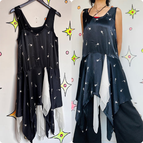 1920s 30s | Black and White Silk Eifel Tower Print Handmade Slip Dress | S M
