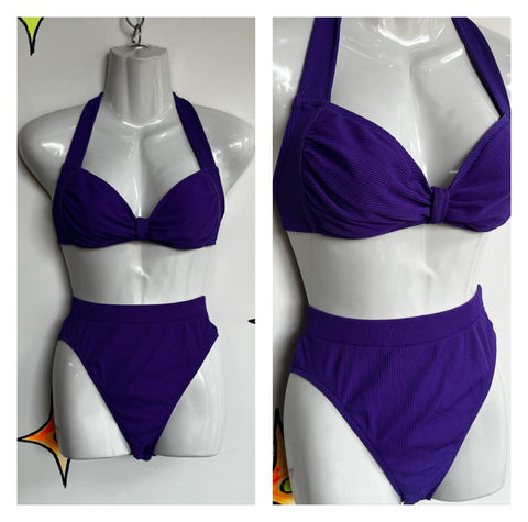 Vintage 90s | Catalina Purple Ribbed High Cut 2 Piece Swimsuit Bikini | Small