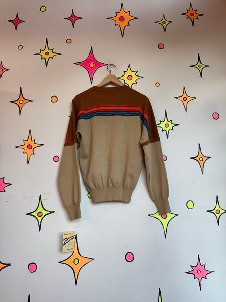 Vintage 70s Rainbow Striped Sweater | Retro Hippie Knit Pullover Skater Grunge M/L