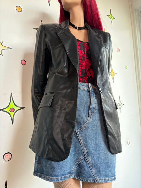 Vintage 90s Y2K Black Vegan Leather Blazer Jacket Mall Goth Grunge Minimalist S