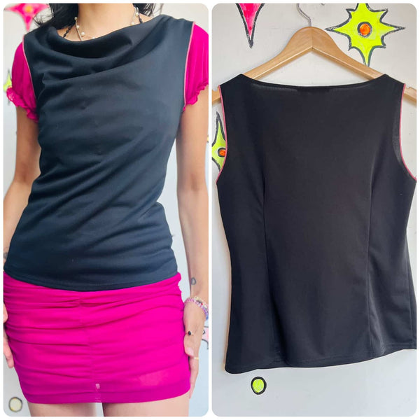 Vintage 90s Y2K Slinky Black Mall Goth Fairy Grunge Cowl Neck Top - Small