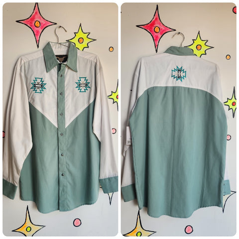 Vintage | Green Mens Western Embroidered Shirt | Size M