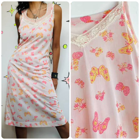 Vintage 60s 70s Pink Butterfly Print Nighty Slip Dress ' Fairy Grunge ' S/M