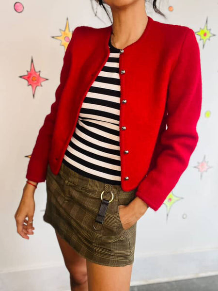 Vintage 80s Red Boiled Wool Cropped Blazer - Boho Fairy Grunge Glam - Small
