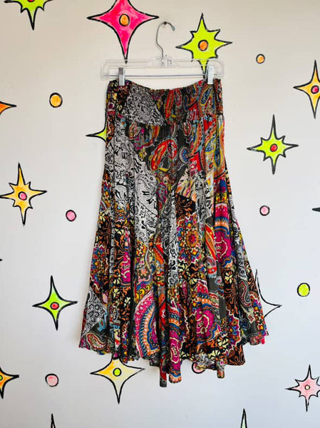 90s Y2K Rainbow Cotton Paisley Patchwork Fairy Boho Grunge Tiered Maxi Skirt | M