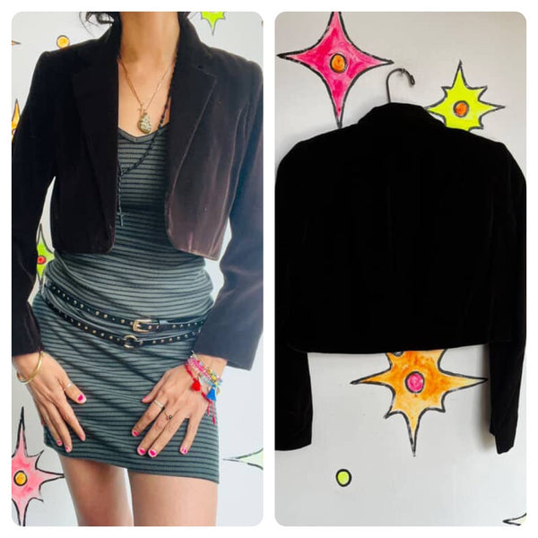 Vintage Chocolate Brown Boho Velvet Cropped Jacket – Romantic Goth Grunge – S