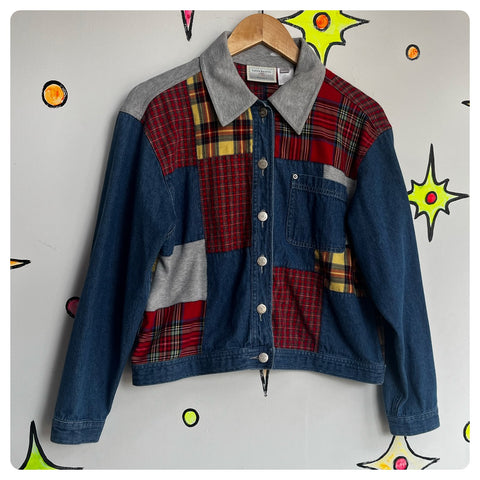 Vintage 90s | Denim Patchwork Plaid Denim Jacket | Small