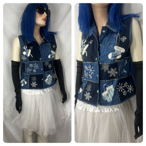 Vintage 90s | Patchwork Denim Embellished Tacky Ugly Christmas Sweater Vest | M