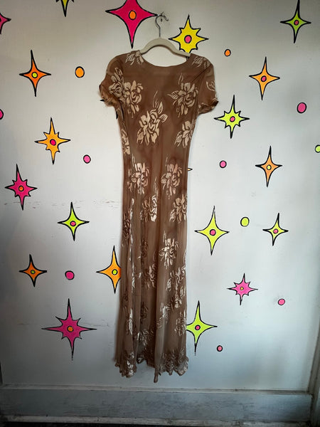 90s Blush Velvet Burnout Maxi Dress Silk Blend Ethereal Fairy Grunge Gown - S