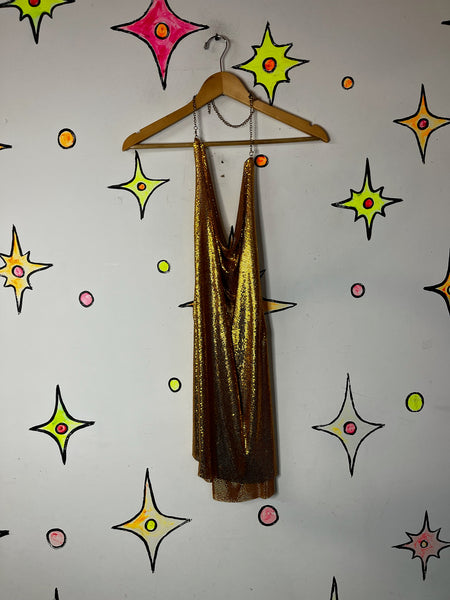 Glam Y2K Gold Disco Mesh Chainmail Mini Dress Fairy Grunge Clubwear NYE Party