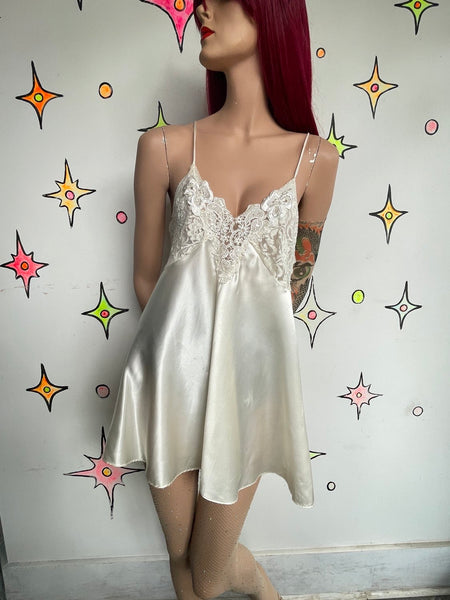 Ivory Satin & Lace Beaded Slip Dress Romantic Fairy Whimsy Grunge Mori Kei M