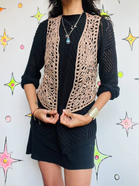Vintage 90s Tan Pink Crochet Boho Fairy Grunge Vest - Festival Layer - Size M/L