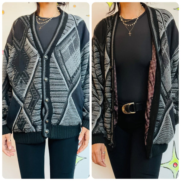 Vintage 90s Y2K Coogi-Style Boho Grunge Cardigan Sweater – Gray & Black - S