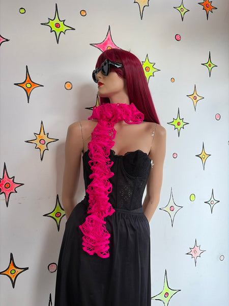 Y2K Hot Pink Barbie Scrunch Scarf Cabbagecore Fairy Grunge Crochet Ruffle Boa