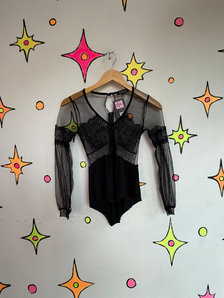 Vintage Gothic Black Lace Bodysuit Sheer Viscose Goth Grunge Lingerie Top S