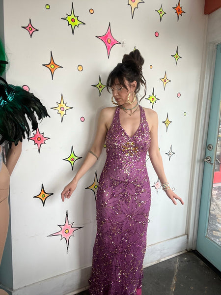 Vintage Y2K Glitter Glam Adrianna Papell Silk Fully Beaded Goddess Formal Gown 4