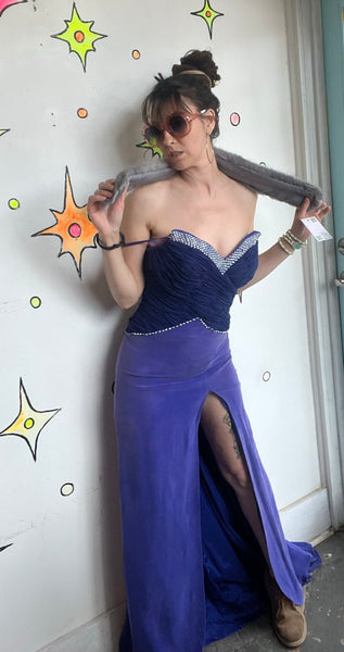 90s Y2K Royal Purple Sweetheart Ruched High Slit Rhinestone Maxi Prom Dress XS/S