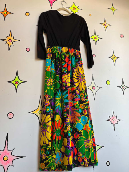 70s Psychedelic Floral Maxi Dress - Rainbow - Boho Fairy Grunge Witch - Small