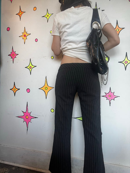 90s Y2K Pinstripe Flare Pants Low Rise Trousers Indie Sleaze Goth Grunge XS