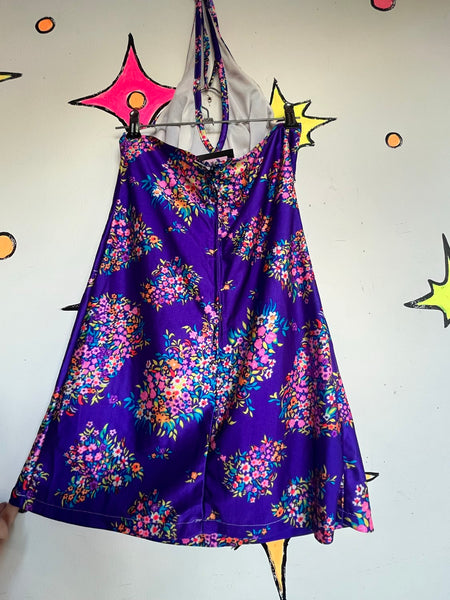 60s Purple Floral Halter Mini Dress Rainbow Mod Psychedelic Go-Go Party Dress S