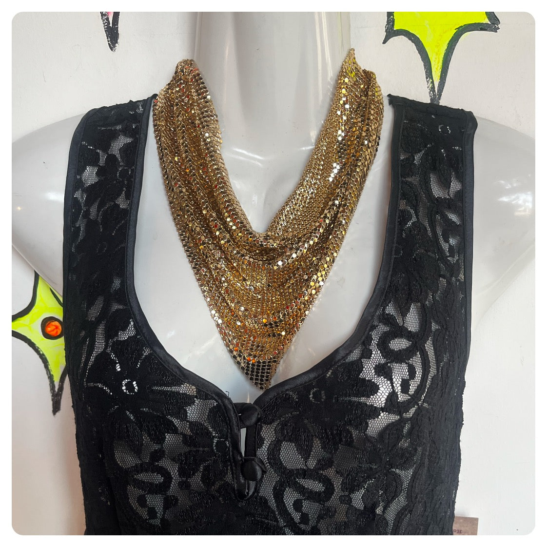 Y2K | Gold Disco Rave Fairy Grunge Mesh Chainmail Scarf Necklace | One Size