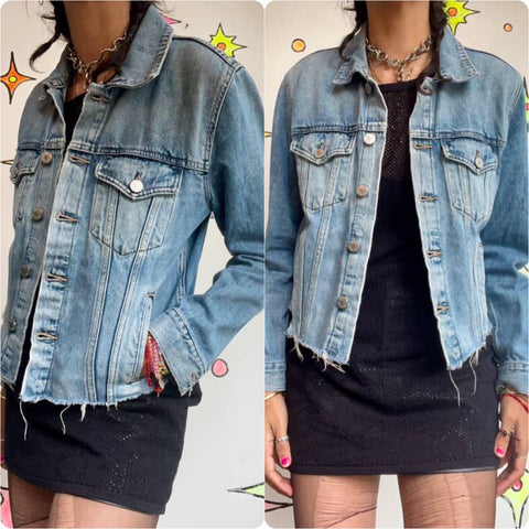 Vintage 90s Y2K | Lucky Brand Cut Off Cropped Denim Moto Jean Jacket | Medium