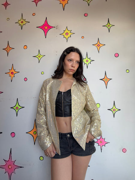 Vintage 80s Gold Sparkle Disco Blazer Metallic Party Jacket Glam Rock Small