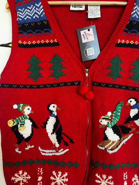 Vintage Christmas Vest Ugly Tacky Holiday Skiing Penguins X Mas Party Sweater XL