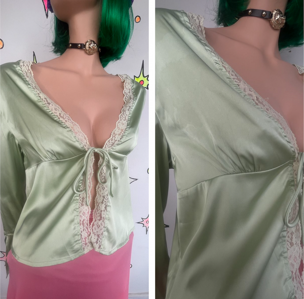 Green Satin Lace Layering Top Fairy Grunge Babydoll Lingerie Style S/M