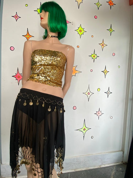 Black and Gold Asymmetrical Chainmail Skirt Coin Sheer Belly Dance S