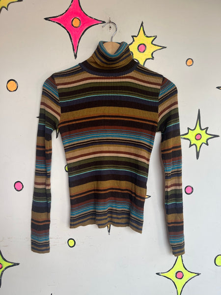 Retro Striped Turtleneck 60s 70s Mod Rainbow Groovy Clowncore Grunge Top M