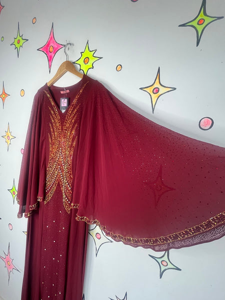 Vintage Burgundy Glam Disco Goddess Maxi Dress Flowy Statement Sleeves L/XL