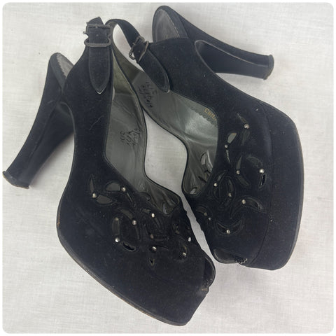 1940s Black Peep Toe Sling Back Suede Platform Pumps - Cha Cha Heels - 6 -6.5