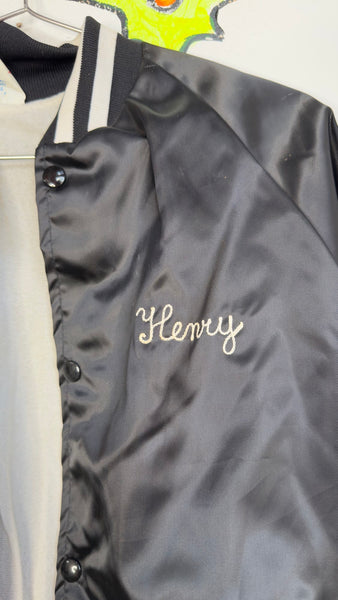 Vintage "Henry" Embroidered Black Grunge Bomber Jacket Nylon Trucker Style USA M
