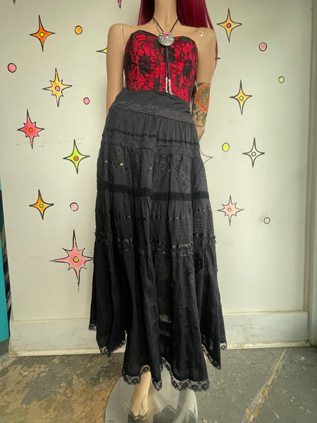 Lace & Beaded Black Cotton Maxi Skirt Whimsigoth Fairy Grunge Witchy Western M