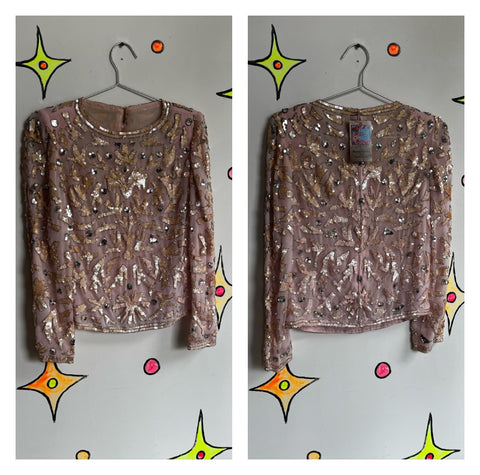 Vintage 80s 90s | Sequined Beaded Abstract Pink Blouse Top | Size 6