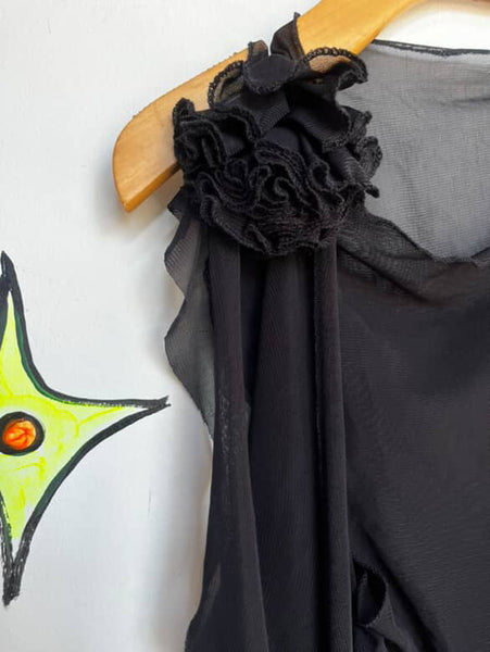 Vintage Y2K | Stretchy Black Whimsy Goth Sheer Mesh Grunge Fairy Top | S - M