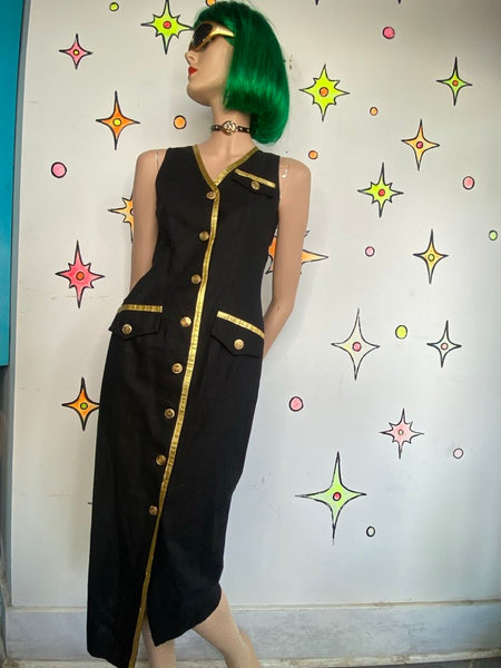 80s Vintage Versace Style Black & Gold Blazer Dress Office Siren Glam Midi - S