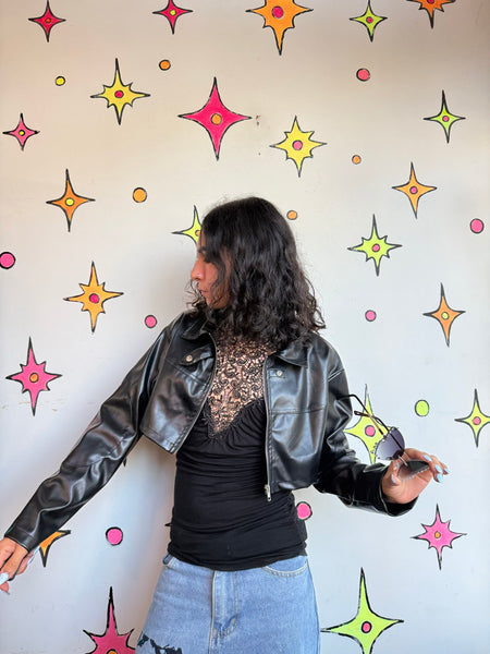 Y2K Black Cropped Moto Jacket | Vegan Leather Goth Grunge Cropped Jacket M