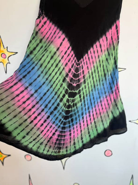 Vintage Black & Rainbow Grunge Fairy Boho Festival Mini Dress | Size M/L