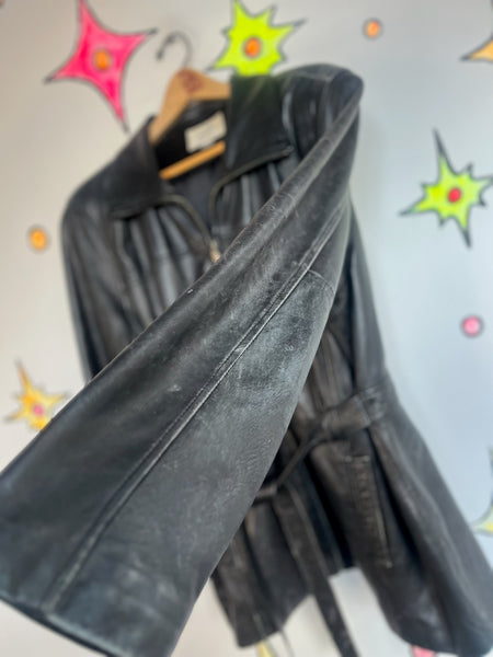 Vintage 90s Thrashed Black Leather Goth Boho Grunge Zip-Up Belted Trench Coat XL