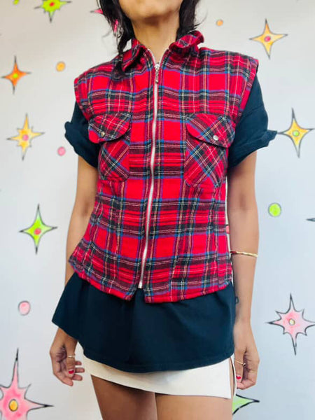 Vintage 90s Y2K Red Plaid Zip Up Flannel Utility Vest | Grunge Layering Top S