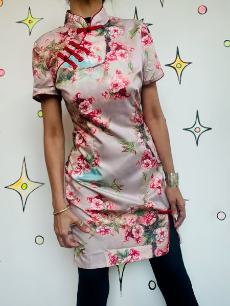 Pink Geisha Dress Cherry Blossom Floral Print Japanese Fairycore Grunge Mini SM