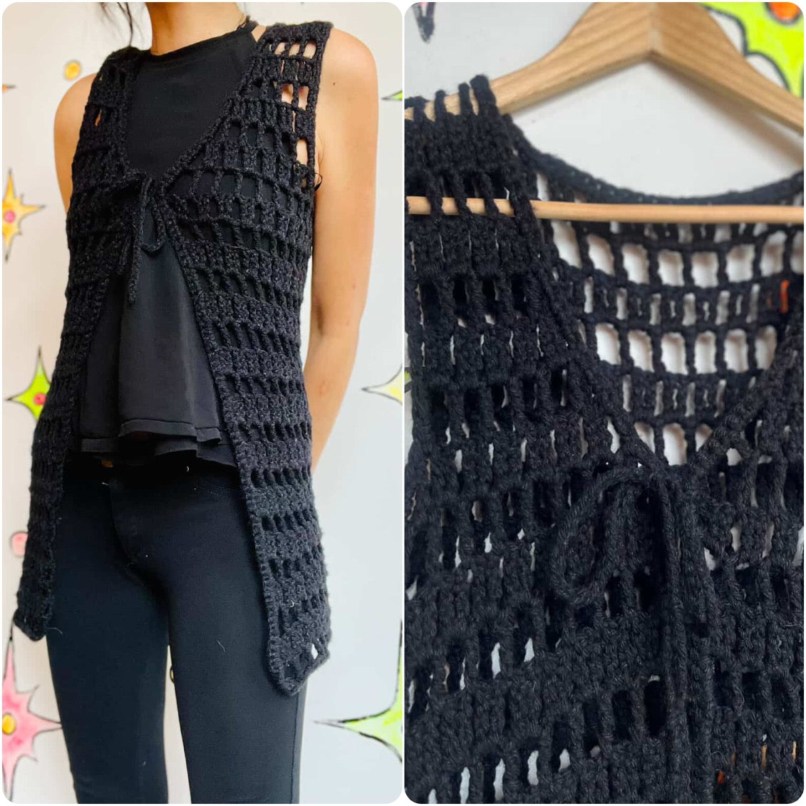 Vintage 60s 70s Black Hand-Crocheted Boho Rocker Vest – Hippie Festival Layer